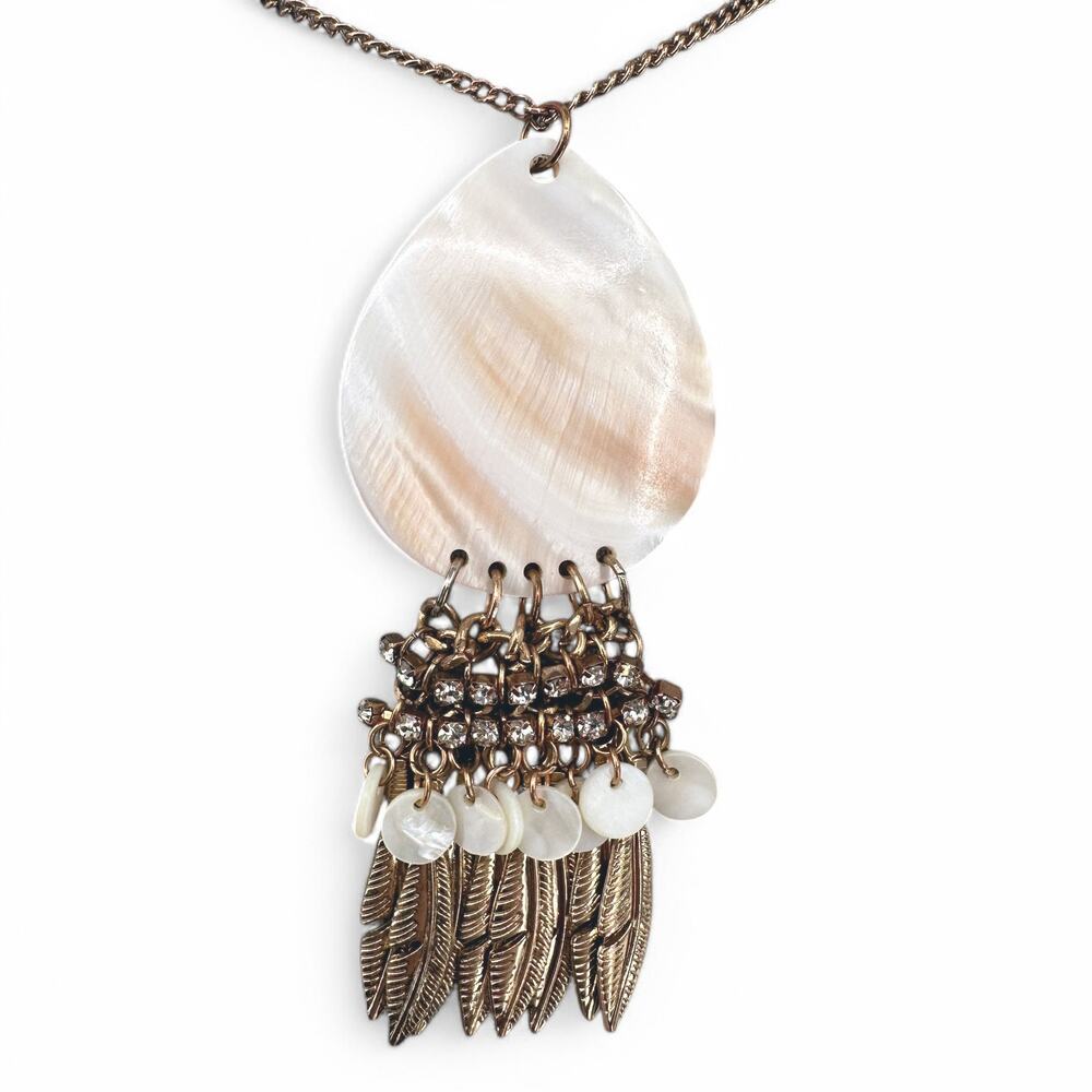 Charming Charlie Long Necklace Teardrop Shell Pendant with Rhinestones